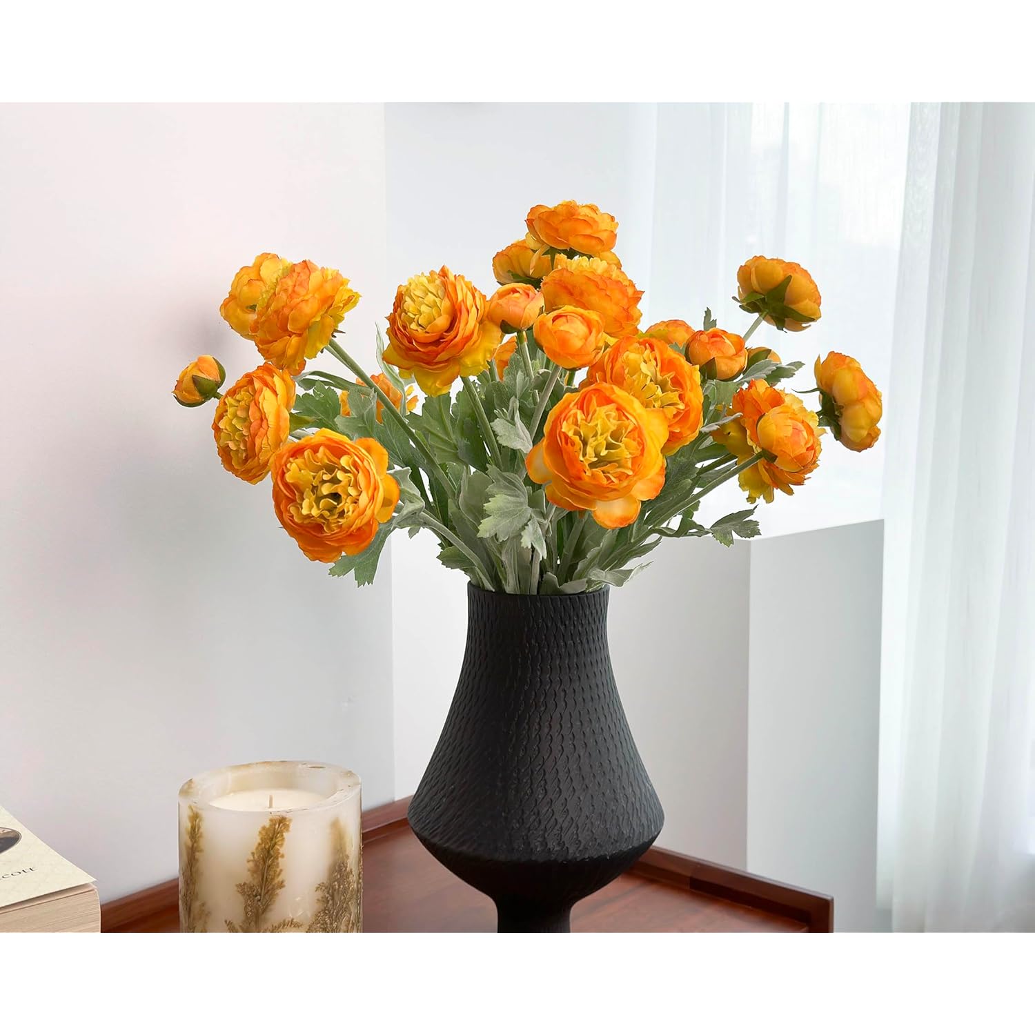 7 Pcs Orange Peonies Artificial Flowers, Fake Ranunculus For For Vase, Fake Silk Flowers For Home Table Centerpiece Office Desk Farmhouse Kitchen Dining Coffee Table Decoration (Light Orange)