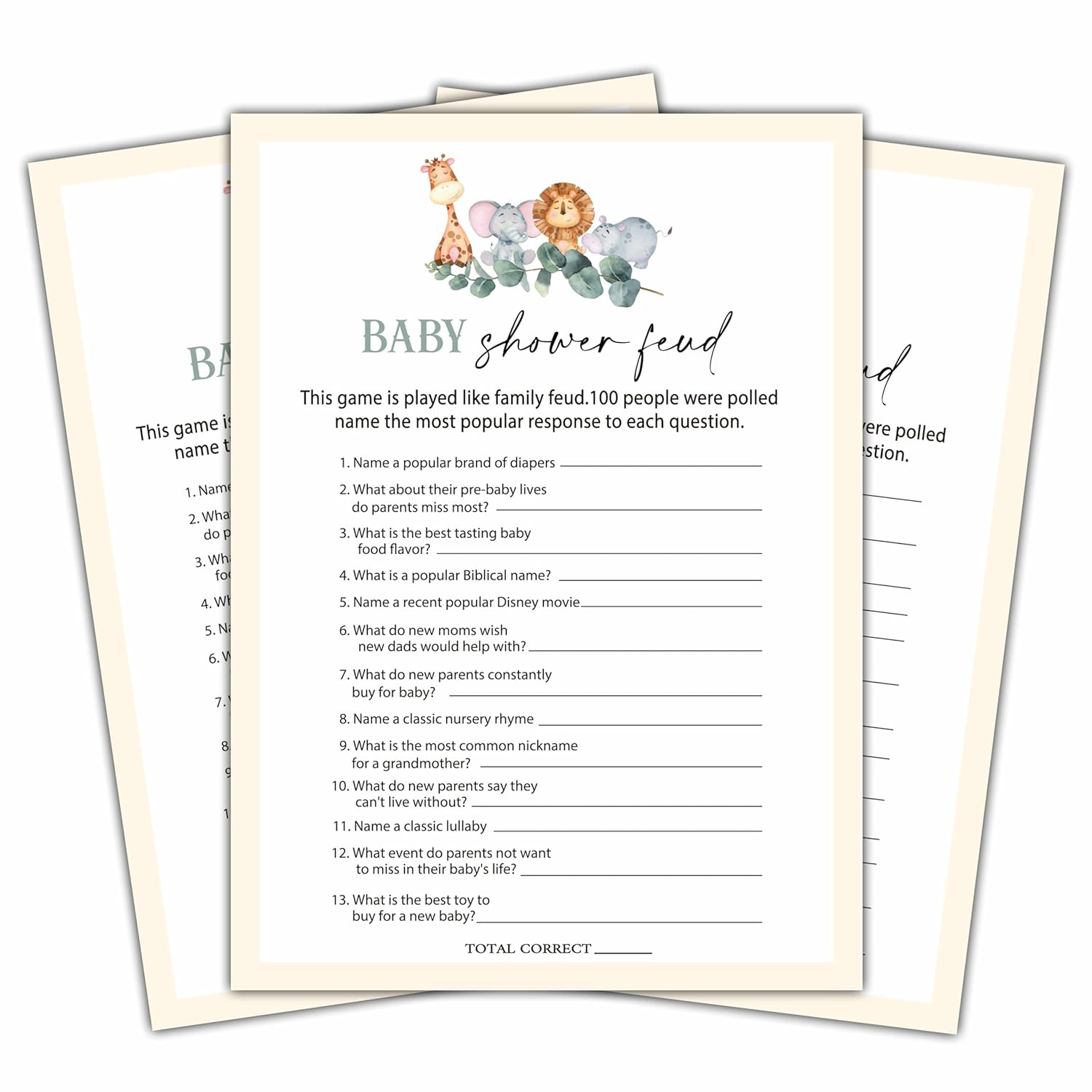 Baby Shower Feud Games Set, Eucalyptus Party Game Card, Safari Jungle Themed Gender Neutral Ideas Activities, Woodland Animals Party Supplies & Decorations -B02