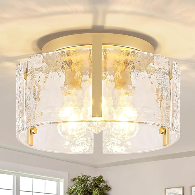 15 Inch Gold Semi Flush Ceiling Light 3 Light Glass Drum Modern Fixture