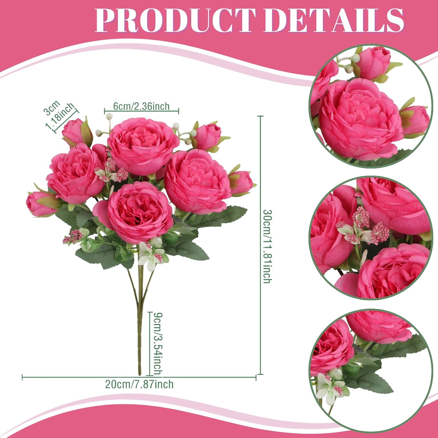 Artificial Flowers, 3Pcs Silk Fake Peonies Faux Hot Pink Artificial Flowers Peonies Bouquet Arrangements Table Centerpieces For Wedding Office Home Decor Cake