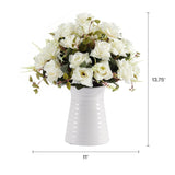 Elements Artificial Flowers in Vase 21 Rose Flower Arrangement Fake Faux Flower Bouquet for Holiday Dinning Room Table Kitchen Decoration, 9.25 x 9.25 x 12.5 Inch, White