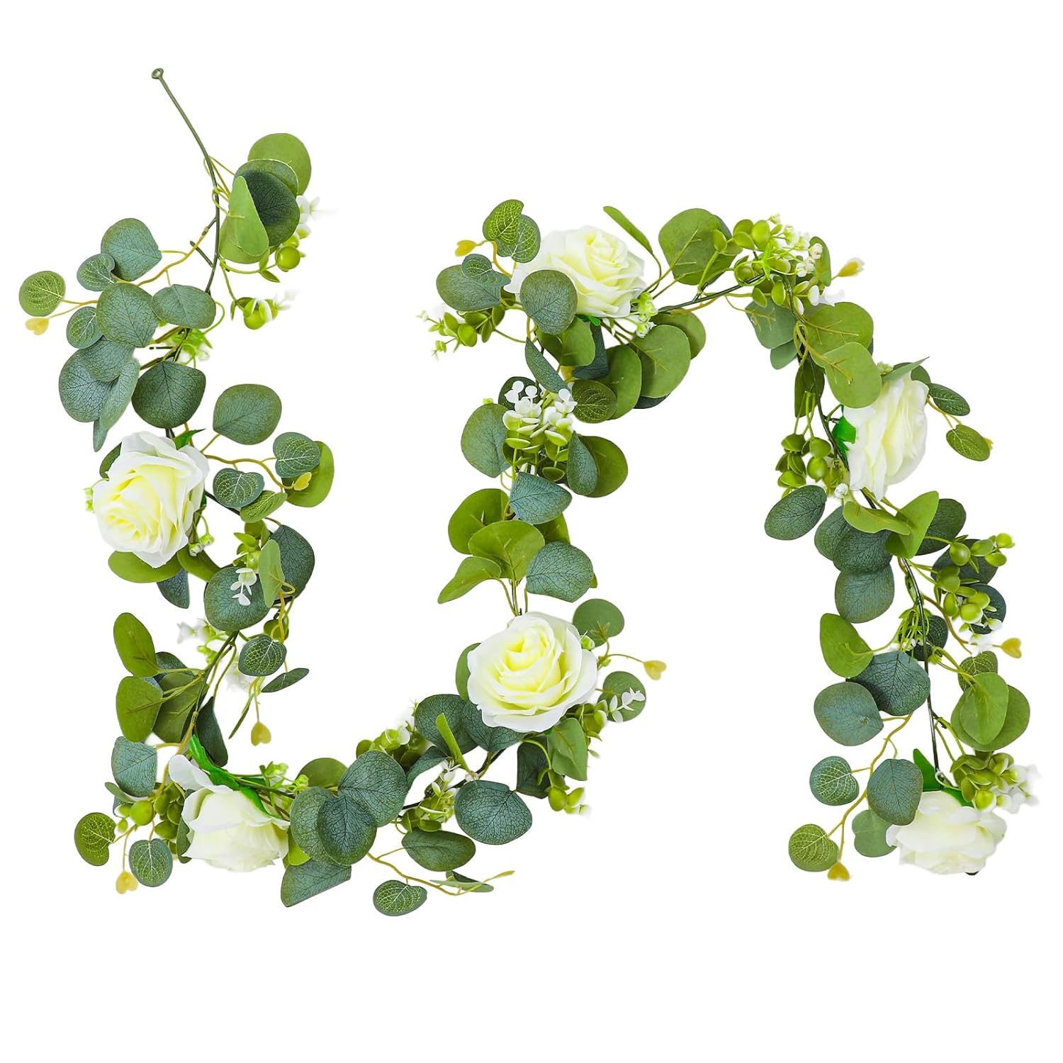 3 Pcs Total 18Ft Artificial Eucalyptus Flower Garland, Faux Eucalyptus Garland With White Roses Fake Flowers Vines For Centerpiece, Wedding, Party, Table, Background, Arch, Indoor Outdoor Decor