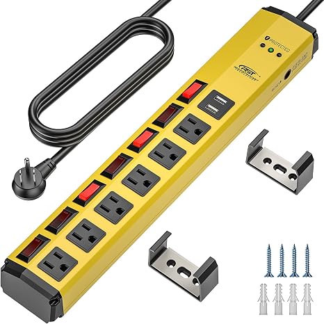 Metal Power Strip 6 Outlets 2 USB Ports Individual Switches 1200J 6FT 15A