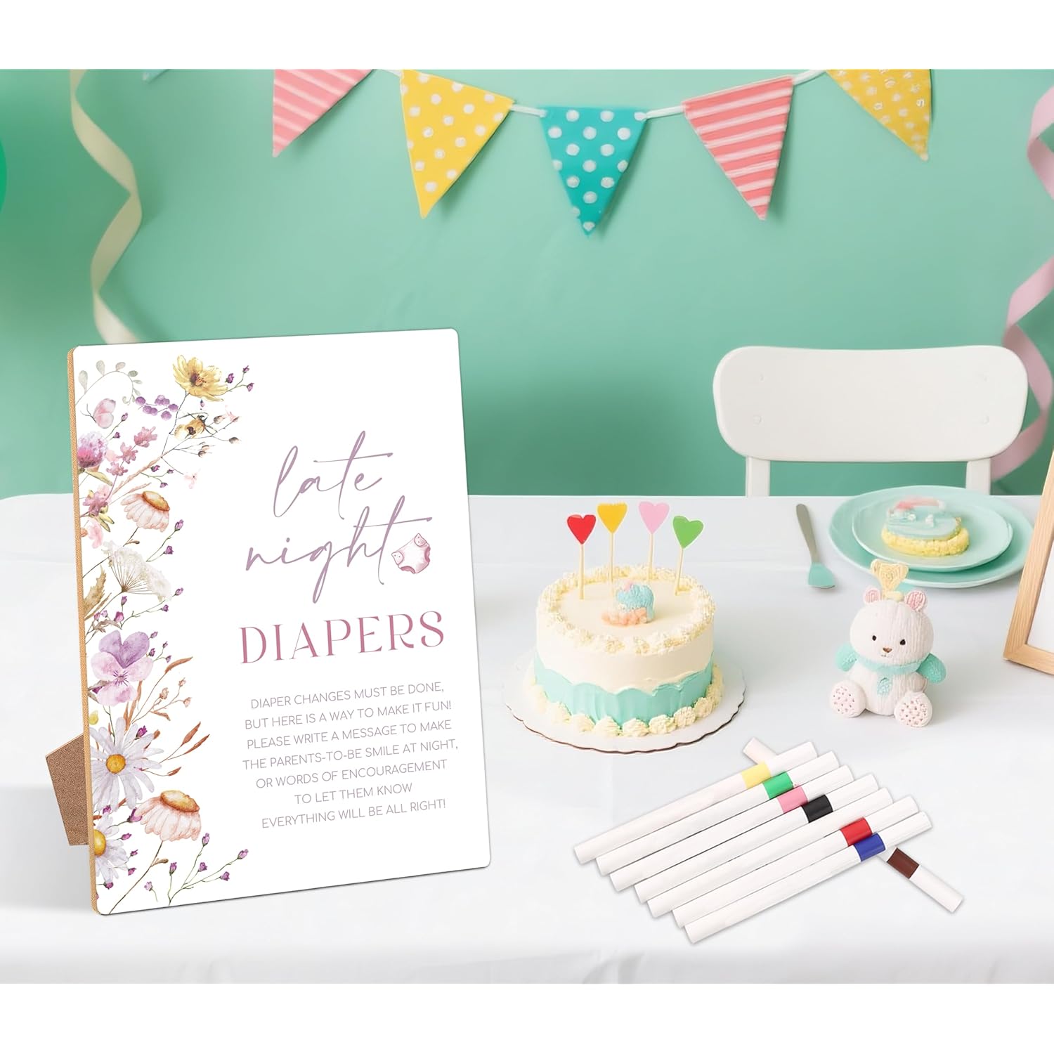 13 Pcs Late Night Diapers Baby Shower Games, Include Wood Sign And 12 Pens, Gender Reveal Games, Baby Shower Games Table Sign, Flower Decorations, Newborn Announcement Party Decor Supplies
