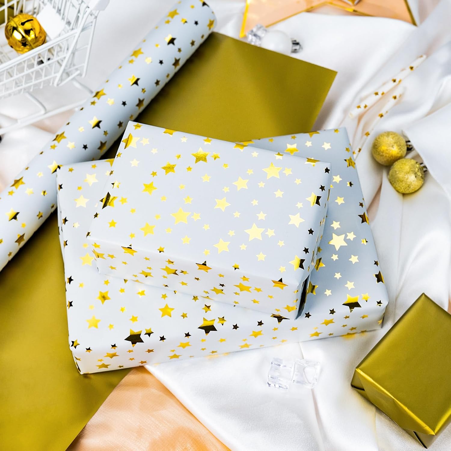 Gold Foil Five-Pointed Star Wrapping Paper, Reversible Gold Gift Wrap For Birthday, Valentines, Mothers Day, Graduation, Wedding, Fathers Day, Baby Shower, Christmas (17In X 32.8Ft)