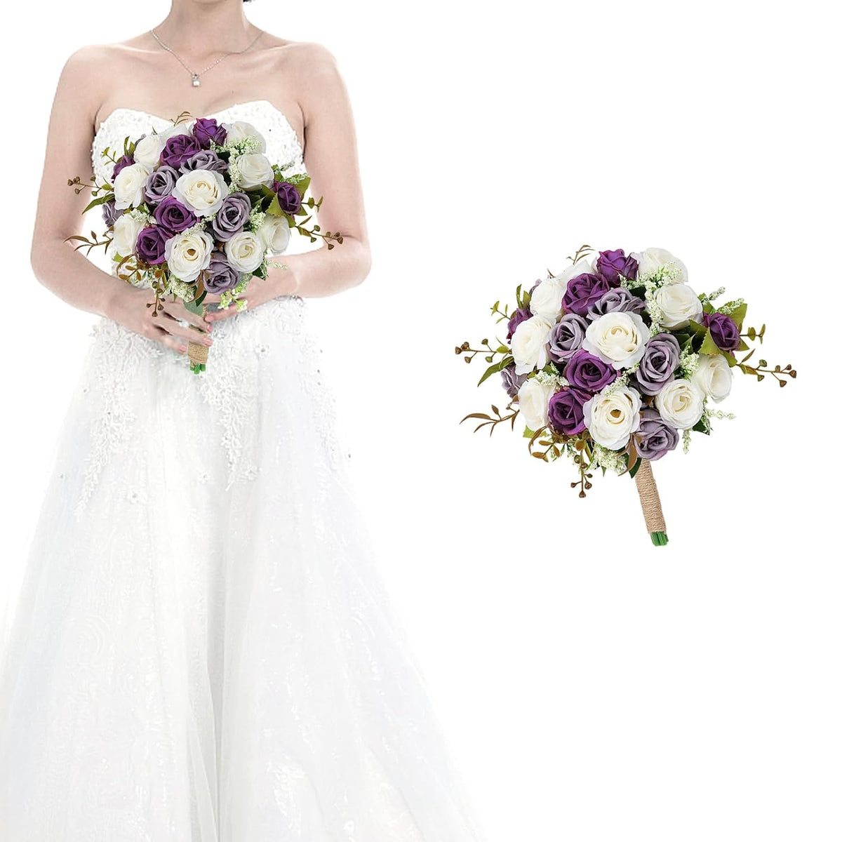 Wedding Bouquet For Bridesmaid 1 Pack - Hand Holding Flower Bouquet 7 Inch Artificial Flower Bouquet For Bride Party Ceremony Anniversary Decor - Dusty Purple & White