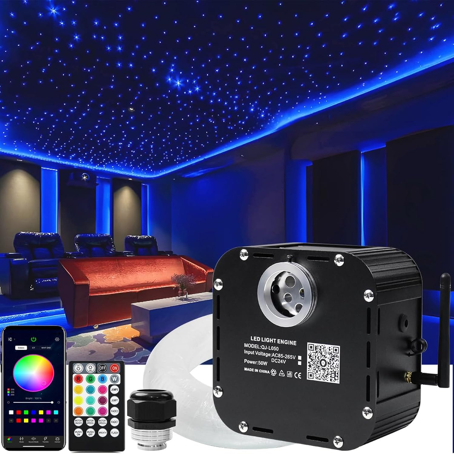 High Brightness 50W Twinkle Fiber Optic Starlight Kits 1200Pcs*0.03In*16.4Ft End Glow Fiber Strands Sound Activated Bluetooth/App Remote Control Home Shop Lobby Theater Ceiling Roof Decor