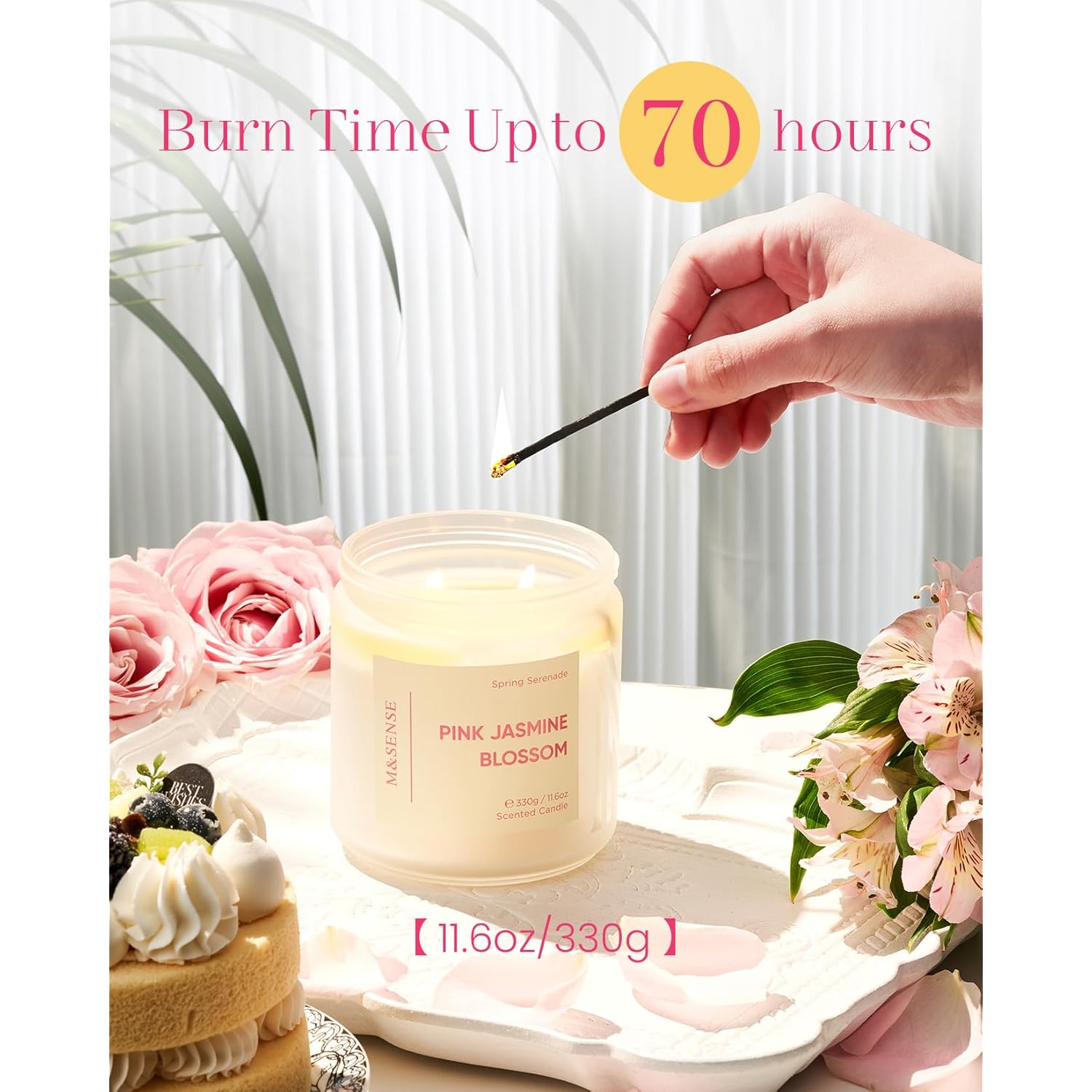 Pink Jasmine Rose Scented Candle - 11.6Oz Natural Soy Wax 70-Hour Long Lasting Burn Time, 2-Wick Spring Non-Toxic Romantic Candle For Home Decor Flower Scent Gifts For Her Him