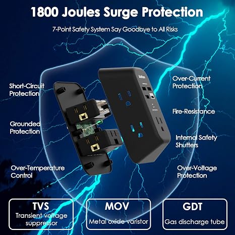 Surge Protector Outlet Extender 5 Outlets 4 USB Ports 1800J 3 Side Wall Plug Black