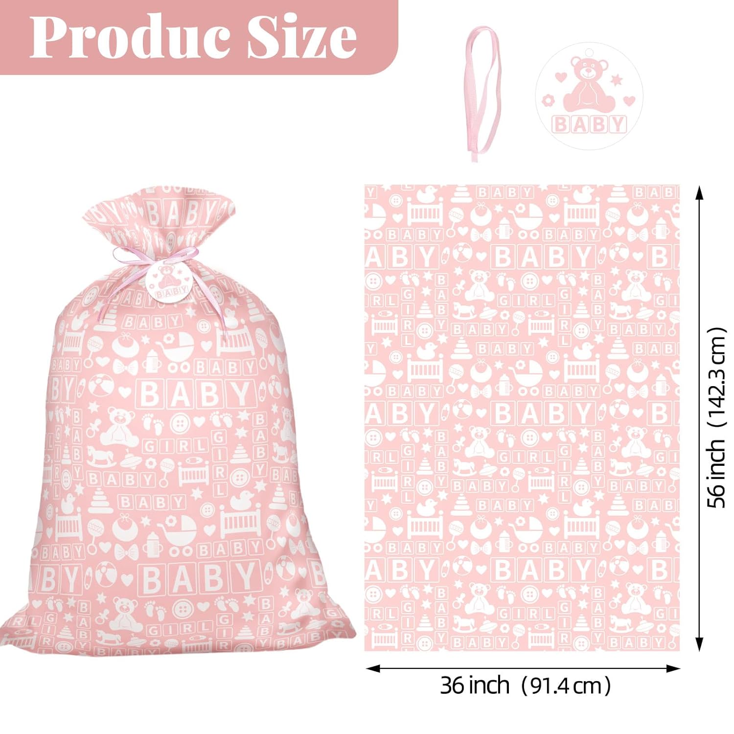 56" Pink Jumbo Plastic Gift Bag, Baby Girl Design Extra Large Plastic Bag With Tag And Tie For Birthday, Baby Shower And Holiday