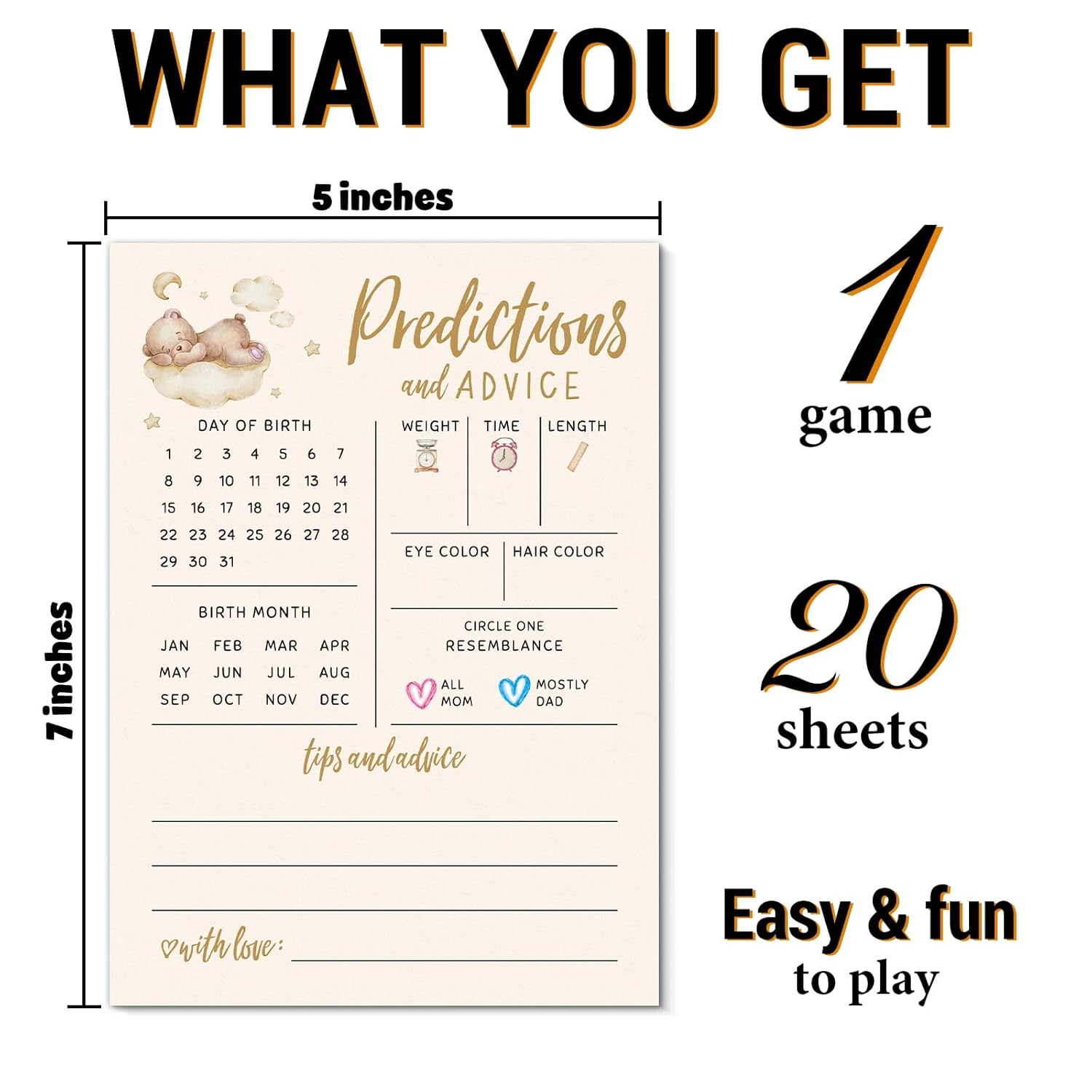 Baby Predictions For Baby Shower Advice Cards - 20 Pcs Bear Baby Shower Games For Boy Or Girl - Fun Gender Reveal Activity For New Parents