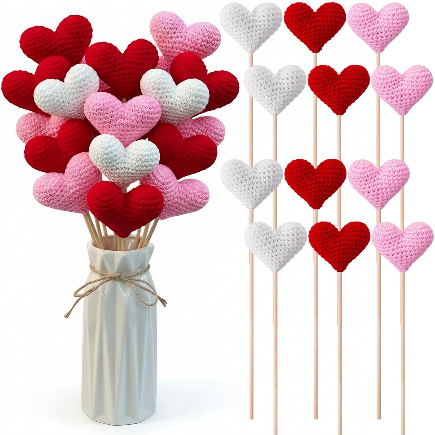 12 Pcs Valentines Heart Picks Crochet Valentines Day Tree Picks Valentine Bouquet Heart Artificial Flower Handmade Knitted Flowers Hearts Decorations For Mother'S Day Galentines Birthday