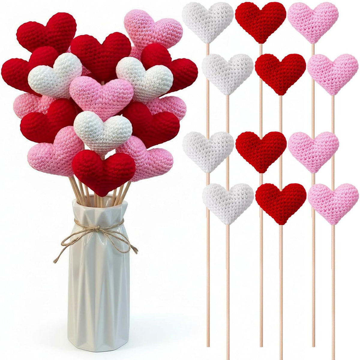 12 Pcs Valentines Heart Picks Crochet Valentines Day Tree Picks Valentine Bouquet Heart Artificial Flower Handmade Knitted Flowers Hearts Decorations For Mother'S Day Galentines Birthday