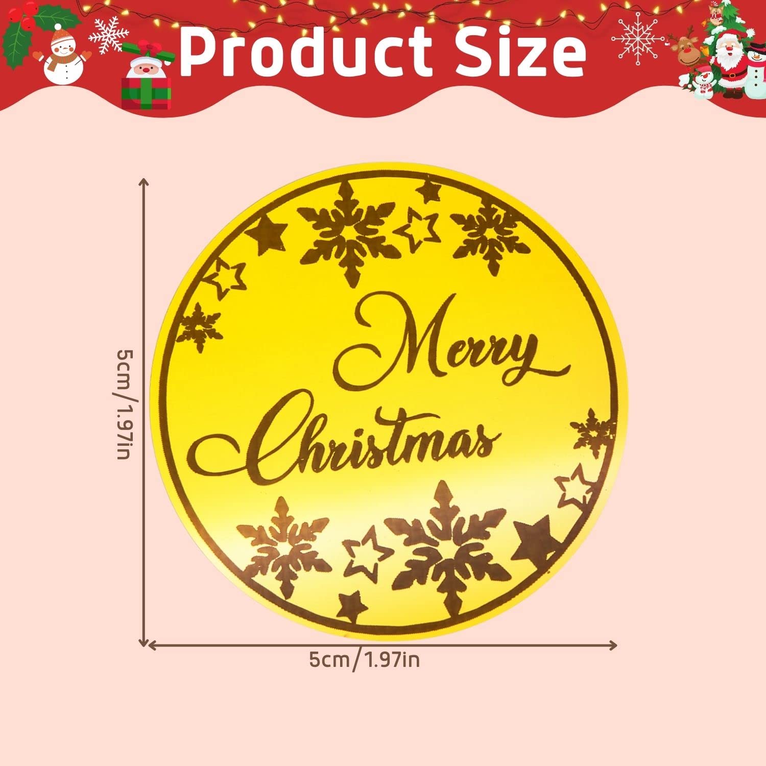 10 Pieces Merry Christmas Acrylic Cupcake Toppers Snowflake Shapes Round Mirror Engraved Cake Topper Cupcake Decorations For Christmas Party (Gold)