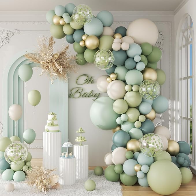 141 Piece Sage Green Balloon Arch Kit with Gold White and Confetti Balloons for Party Decor