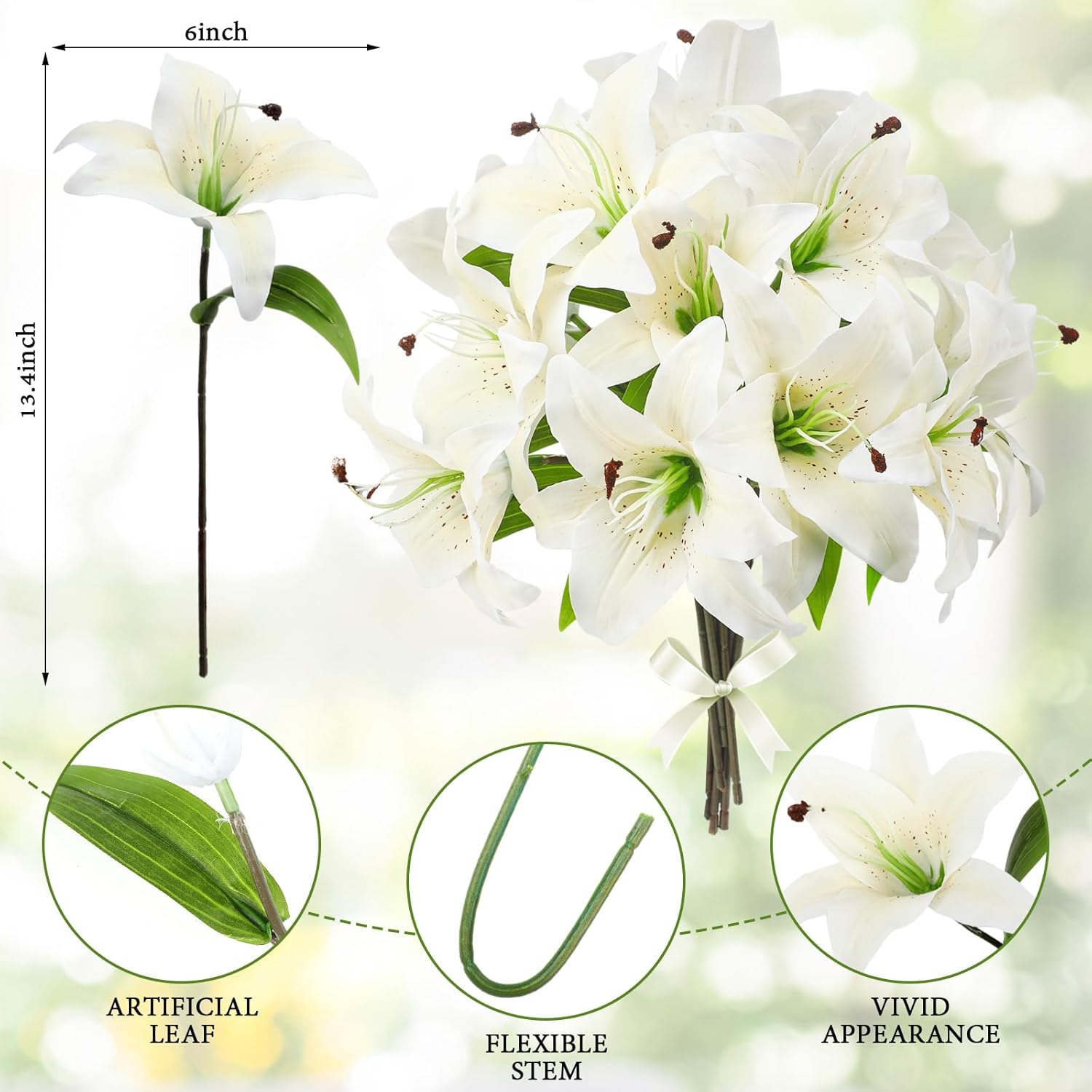 12 Pcs Artificial Tiger Lily Flowers Real Touch Easter White Latex Fake Lily Bouquet Faux Flowers For Easter Indoor Home Table Office Wedding Decoration