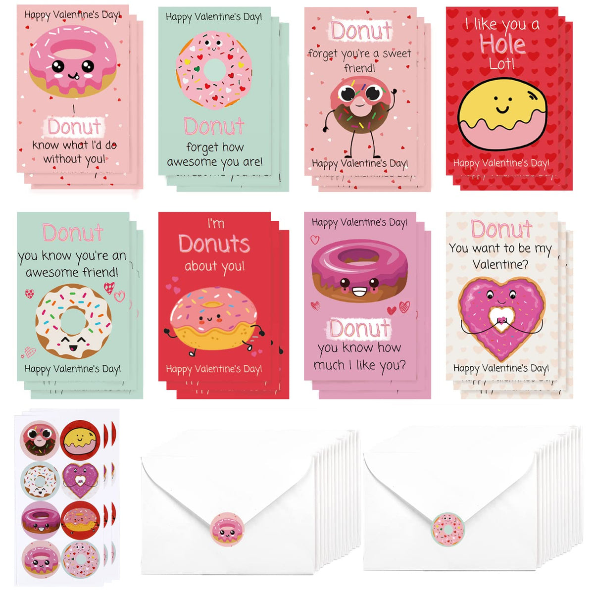 ?24 Pcs Valentine'S Day Cards With Envelopes And Stickers, Hearts And Donuts Themed Greeting Cards, Kids Classroom Exchange, Wedding Cards, Valentines Party Favorites, 8 Designs?