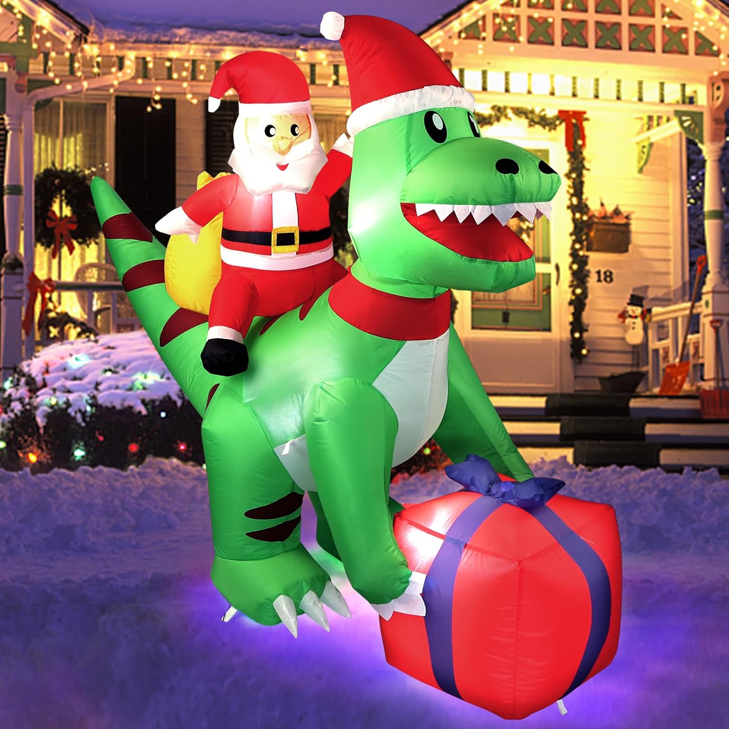 5Ft Christmas Inflatables Dinosaur Santa Claus, Indoor/Outdoor Deco, Blow Up Dinosaur Santa Decoration With Built-In Led