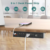 Under Desk Power Strip 8 in 1 4 Outlets 4 USB Ports 20W USB C 6FT Cord Black