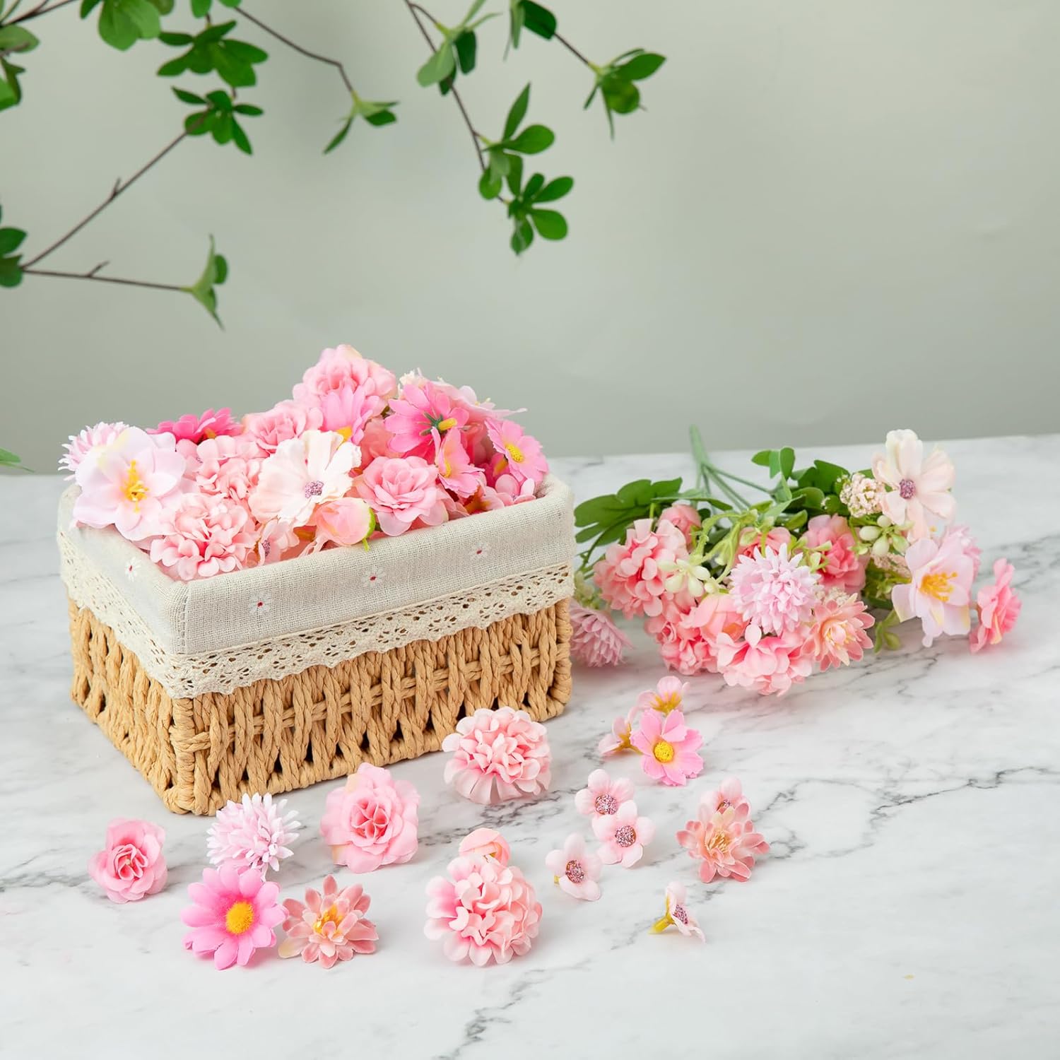 100Pcs Mini Faux Flower Heads Pink Artificial Flower Heads Small Silk Flower Fake Peony Daisy Flowers For Craft Garland Wedding Party Supply Home Decoration