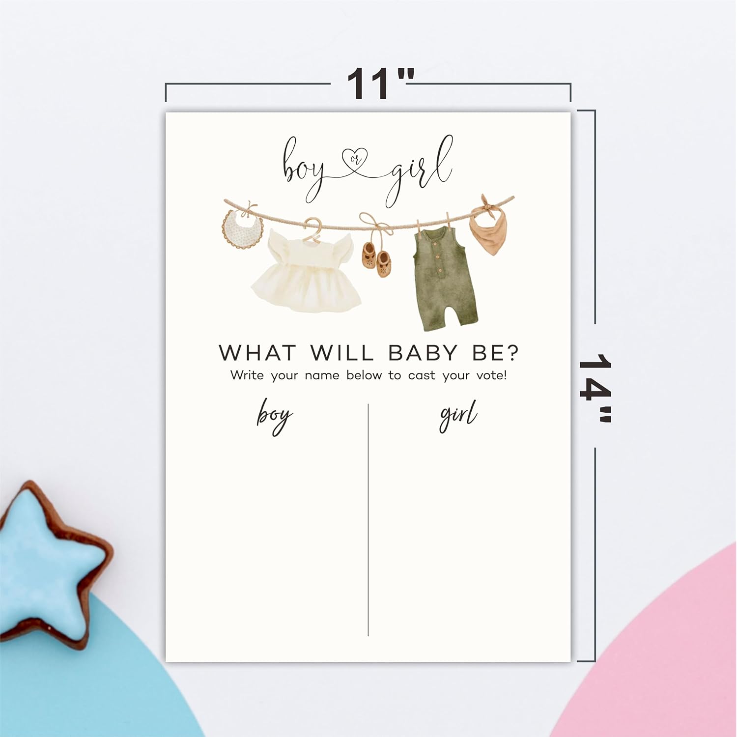 Qmb-B05: 11"X 15" Gender Reveal Signature Voting Sign, Baby Clothes Theme Guess He Or She Game For Baby Shower Party, Self-Standing Sign, Party Supplies Kit & Decorations