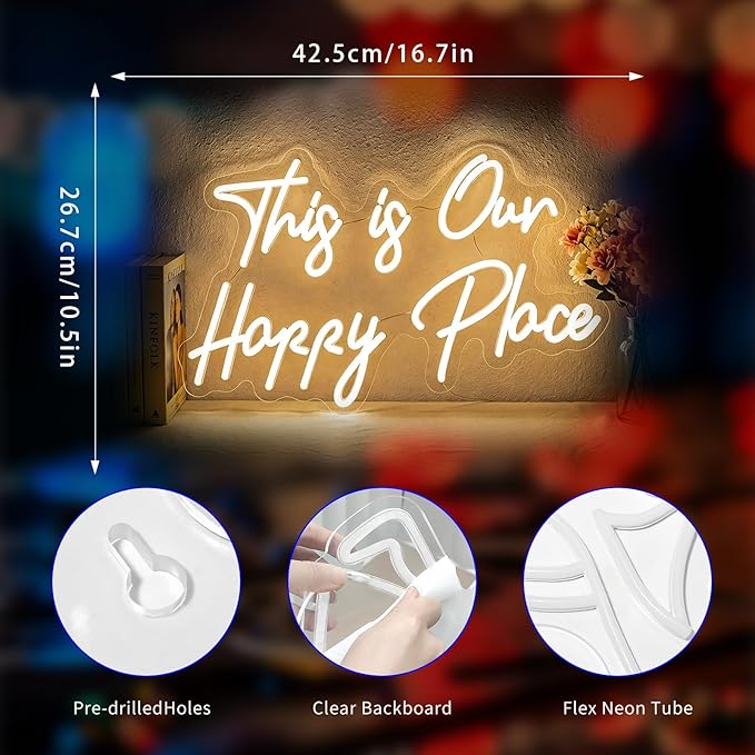 This Is Our Happy Place Neon Sign Warm White LED Wall Light USB Powered Home Decor for Bedroom Bar