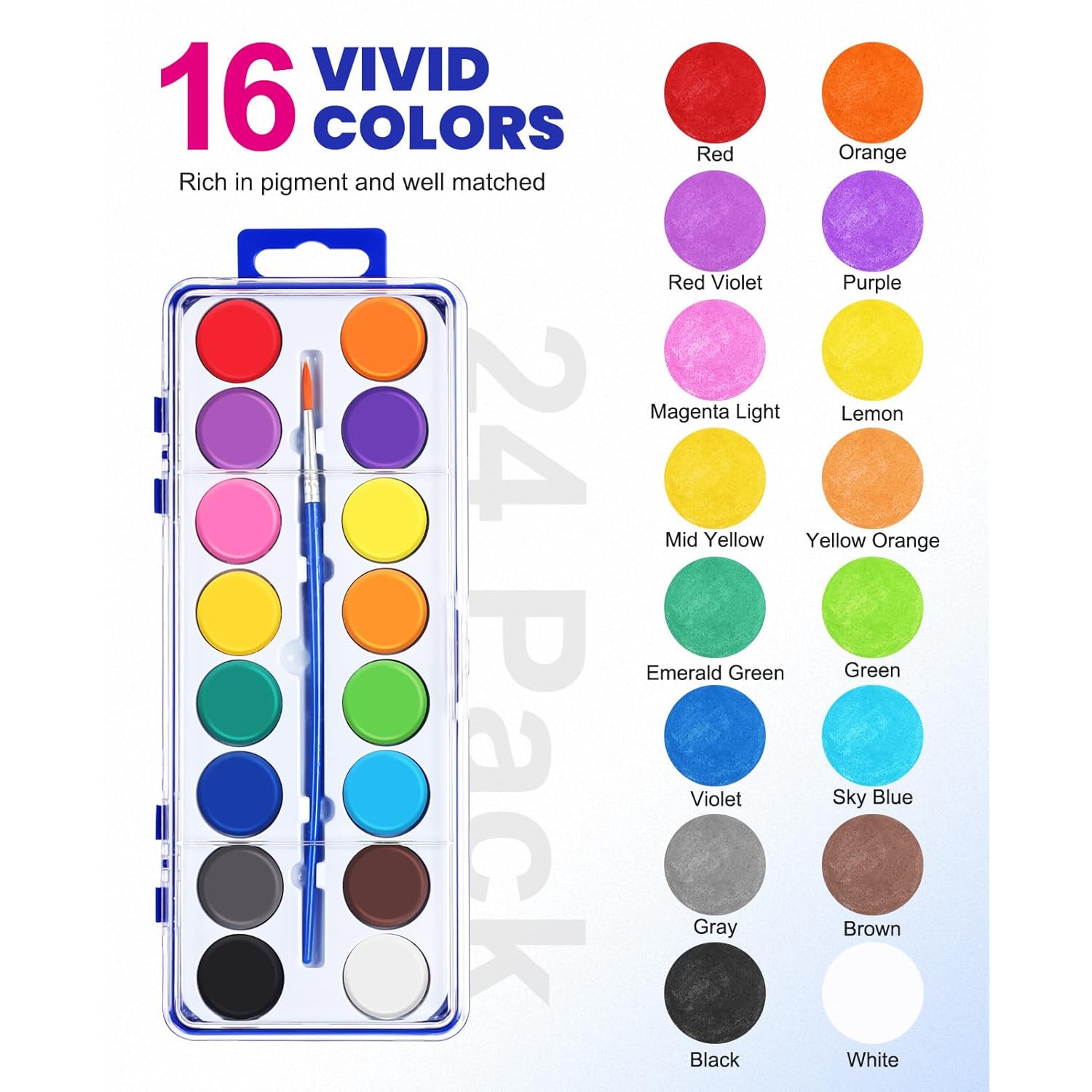 24 Pack Watercolor Paint Set, 16 Colors Watercolor Paint Set Bulk With Paint Brushes, Washable Paint, Art Supplies For Classroom, Parties