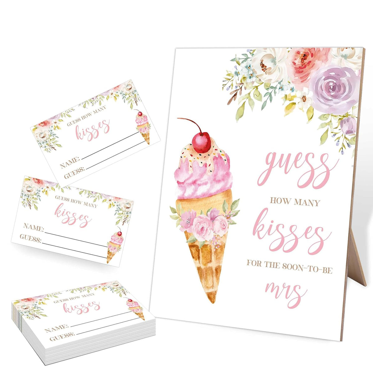 How Many Kisses Bridal Shower Game, 5X8 Pink Ice Cream Sign & 50 Cards, Wedding Decor, Wedding Shower Games For Bridal Shower, Engagement Party, Bachelorette Party Night,3