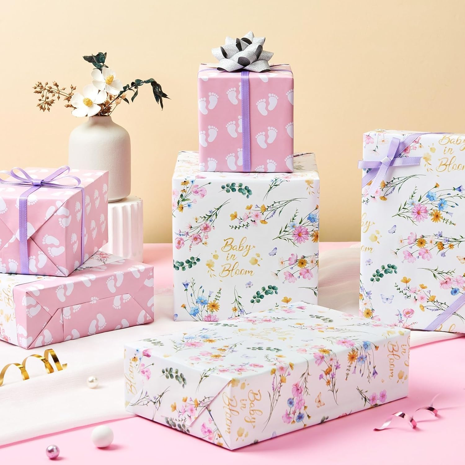 Baby Wrapping Paper - 1 Roll 17” X 33 Ft Baby Shower Wrapping Paper Pink Floral Gift Wrap Reversible New Born Girls 1St Birthday Present Packing Cute Foot Prints Design