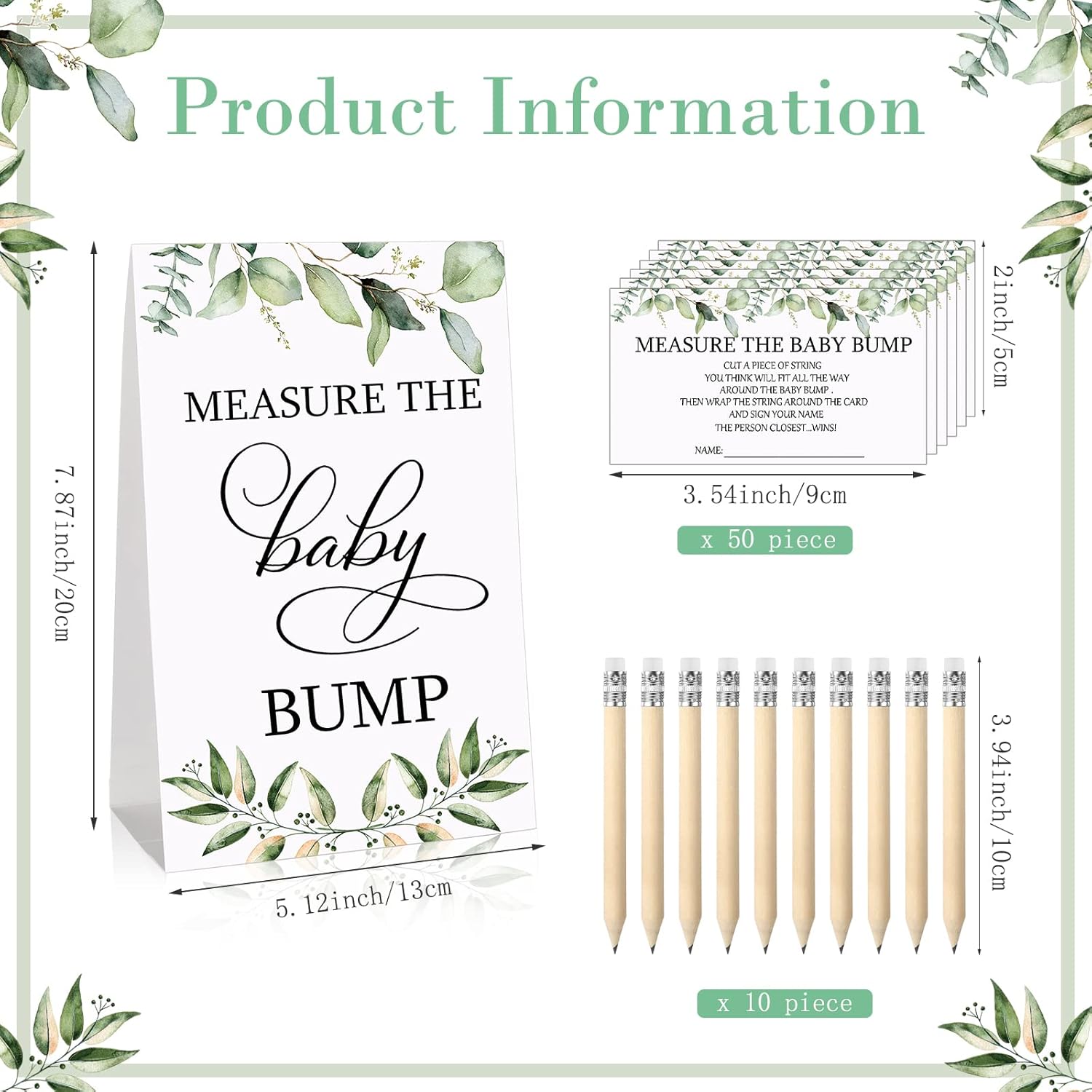 65 Pcs Baby Shower Game Set Include Greenery Theme Measure The Baby Bump Sign 50 Leaves Guessing Cards 10 Pencils 2 Green Measuring Tapes And 2 Green Ribbon For Gender Reveal Party Game