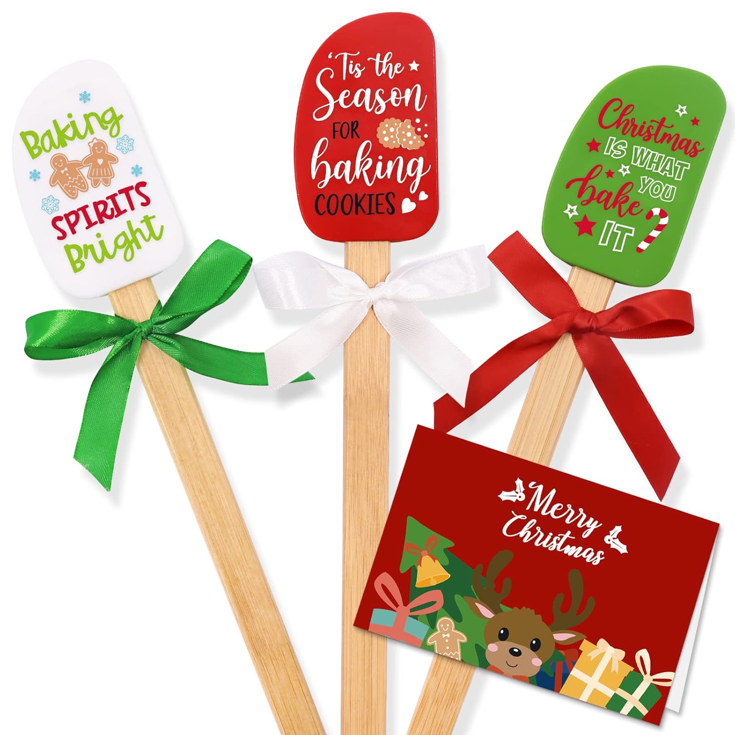 Set Of 3 Christmas Silicone Spatulas W/Merry Christmas Greeting Card, Food Grade Heat Resistant Scraper Connect Bamboo Handle, Classic Gingerbread Man Candy Cane Reindeer Xmas Cooking Baking Gifts