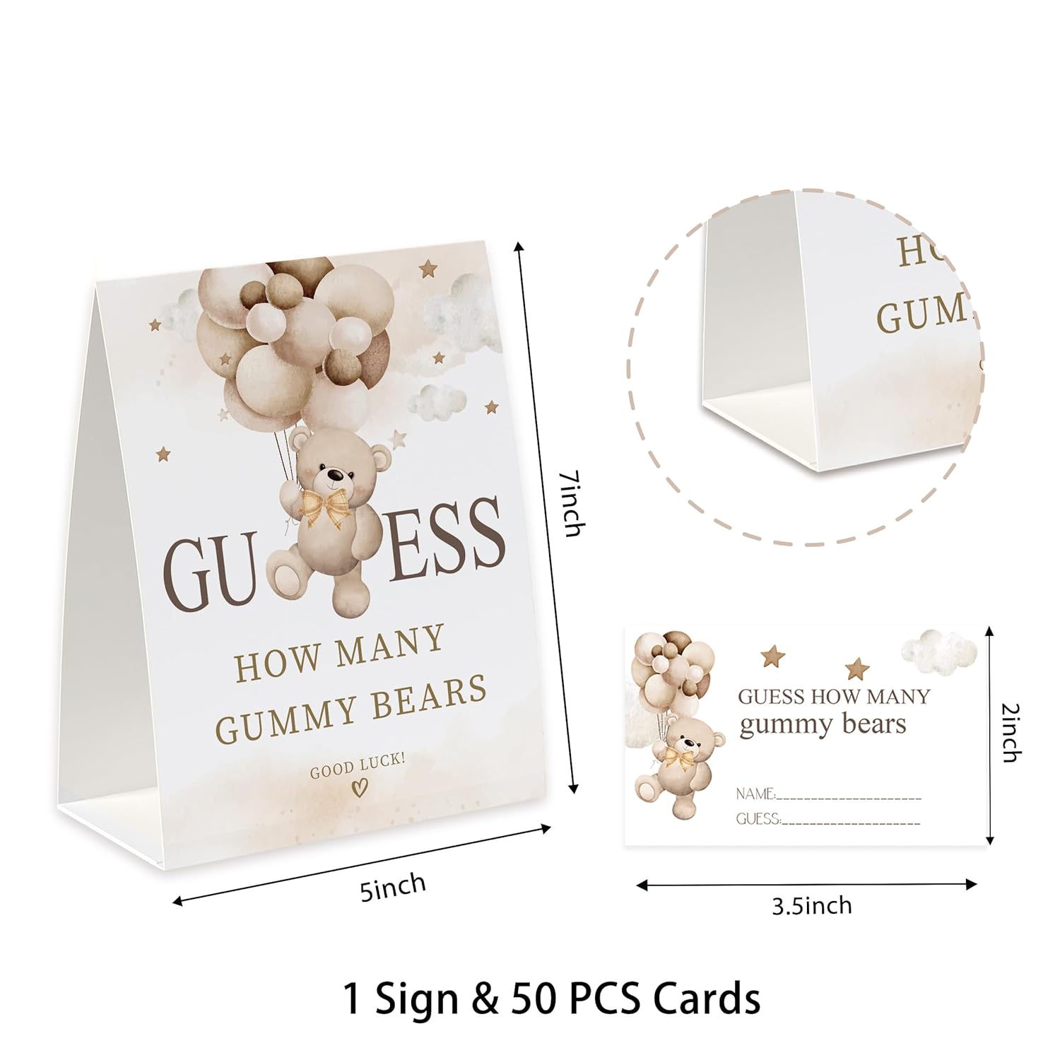 How Many Gummy Bears Baby Shower Game, How Many Candies Game Set (1 Standing Sign + 50 Guessing Cards), Bear Guessing Cards, Bear Themed Baby Shower Decorations-Gb01