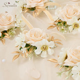 6Pcs Champagne Wrist Corsage For Wedding, Artificial Flowers Roses Wrist Corsage For Prom Homecoming Party Accessories For Bride Bridesmaids, Mother Of Bride And Groom