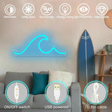 Wave Neon Sign Dimmable Ice Blue LED Wall Light 16.5 x 7 Inch Ocean Neon Decor for Bedroom Office Bar