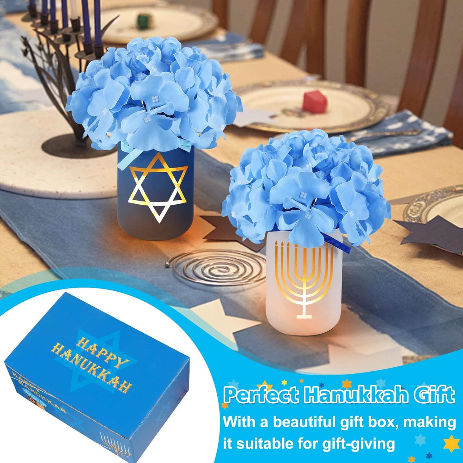 Hanukkah Mason Jars With Blue Flowers & 4 Led Candle Lights - Hanukkah Decorations For Table Centerpiece Home Living Room Bedroom Party Chanukah Gifts, 2 Sets
