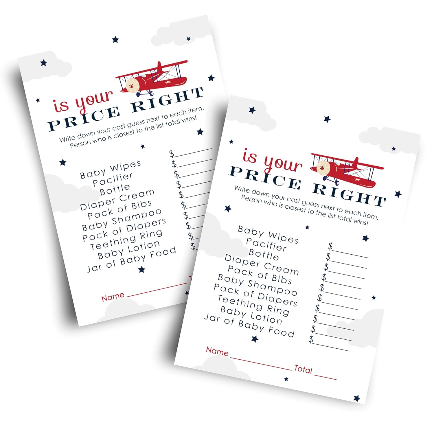 Airplane Baby Shower Games For Boys - 25 Guess The Price Is Right Cards - Fun Activities For Guests With Prizes - Taking Flight Theme In Red And Blue