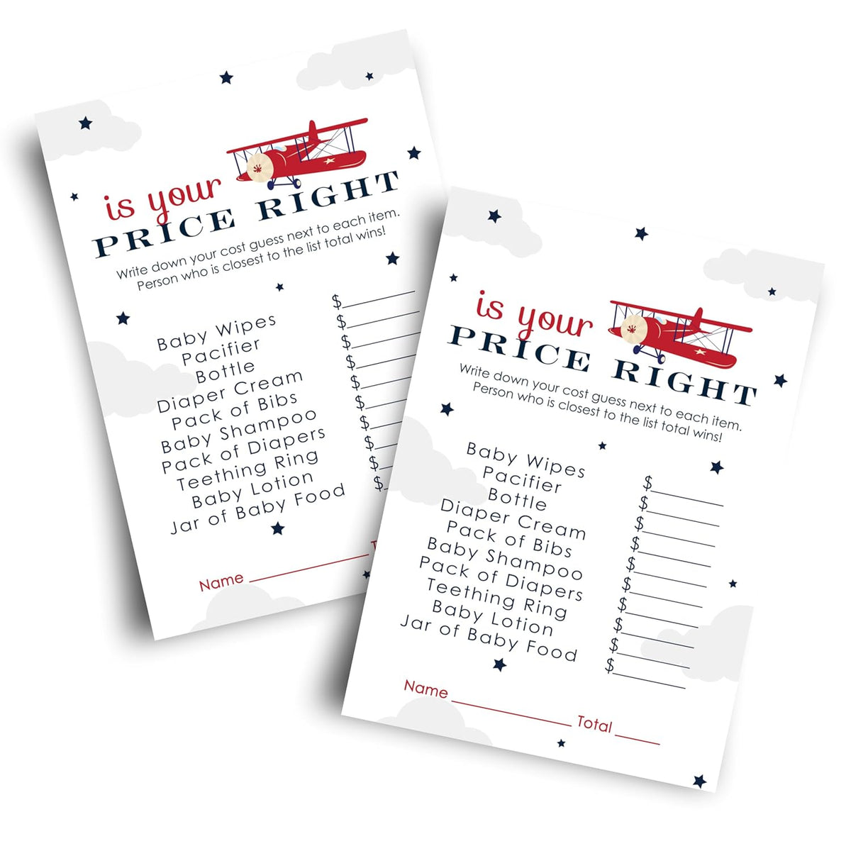 Airplane Baby Shower Games For Boys - 25 Guess The Price Is Right Cards - Fun Activities For Guests With Prizes - Taking Flight Theme In Red And Blue