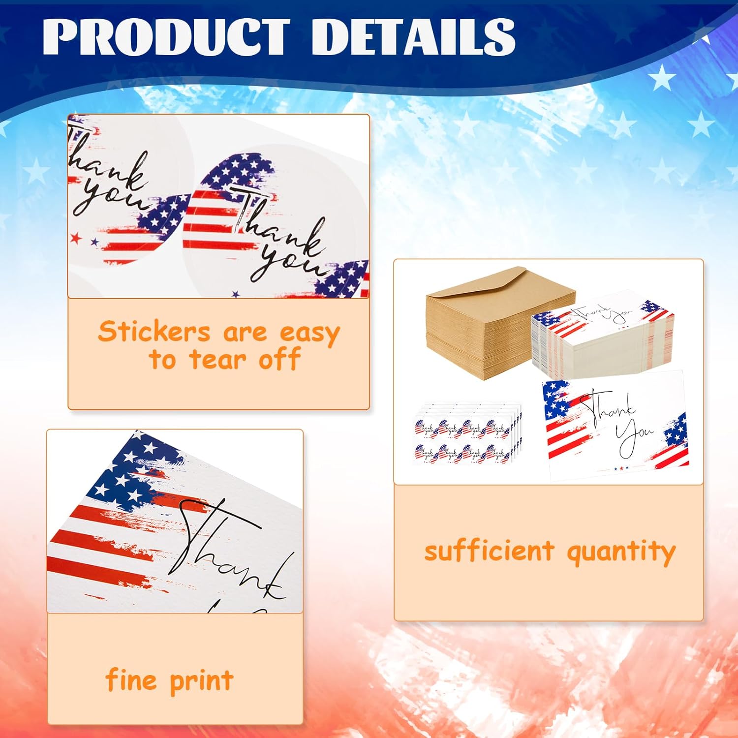 200 Sets Patriotic Thank You Cards Bulk With Kraft Envelopes And Round Stickers 4Th Of July Independence Day Veterans Cards Bulk Usa Military Memorial Day Army Gifts, 4 X 6 Inches