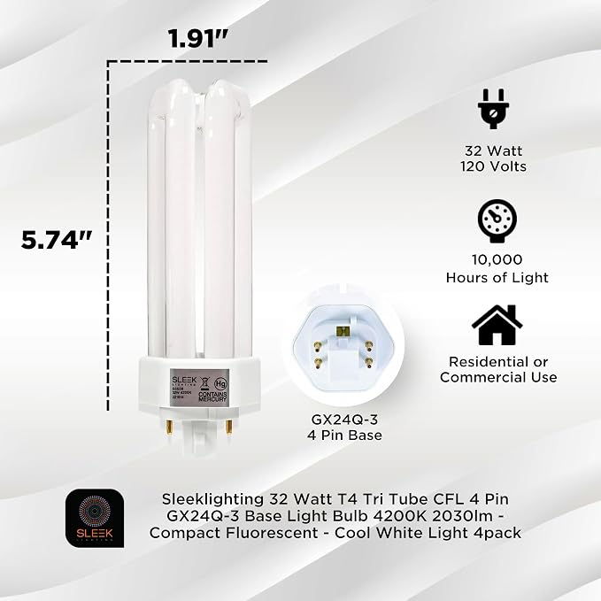 32W T4 Tri Tube CFL Light Bulb GX24Q-3 4-Pin Base 4200K Cool White 2030 Lumens 4 Pack
