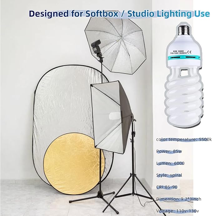 2 Pack 85W CFL Photography Light Bulbs 5500K Daylight Spiral Softbox E26 E27 Studio Lighting