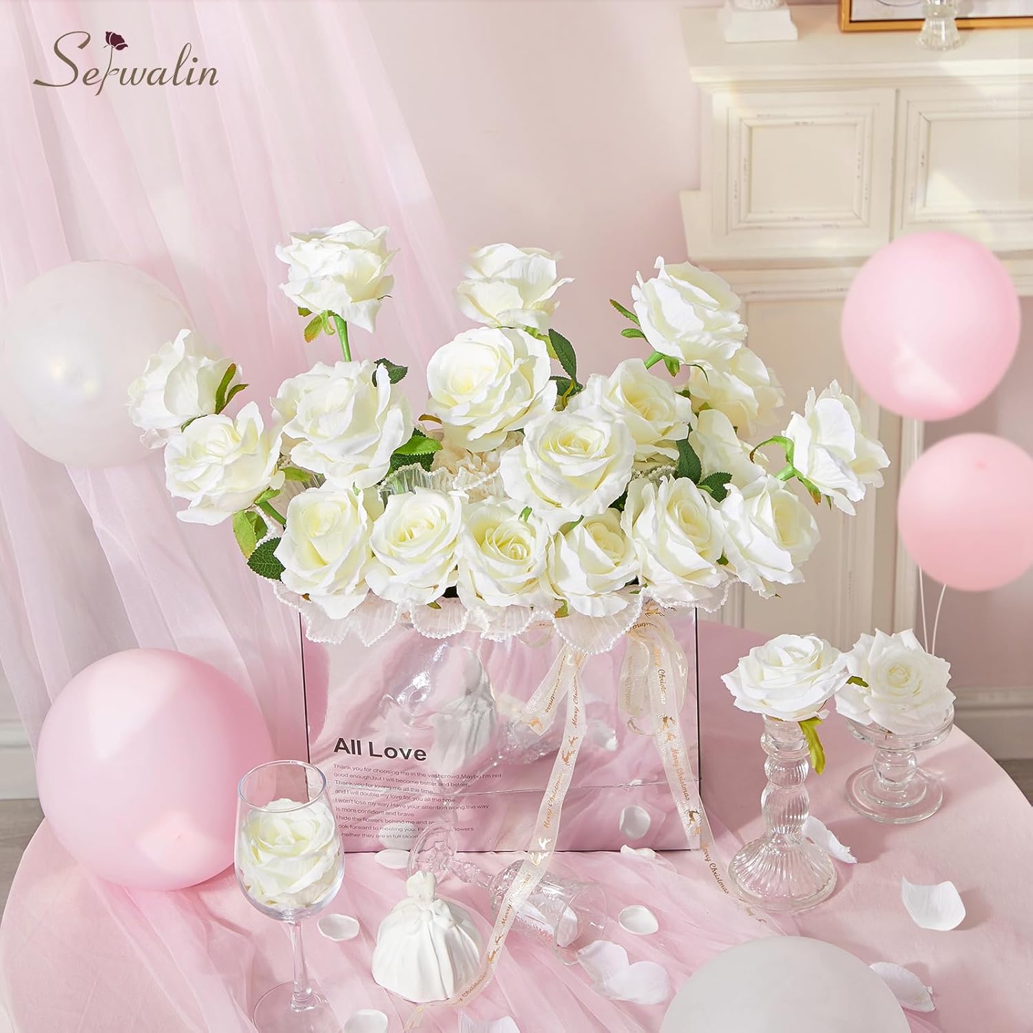20Pcs Artificial White Roses, 4'' Big Flower Head, Ivory Silk Roses, Velvet Fake Roses Bouquet Long Stem Roses For Home Decor Wedding And Table Centerpiece