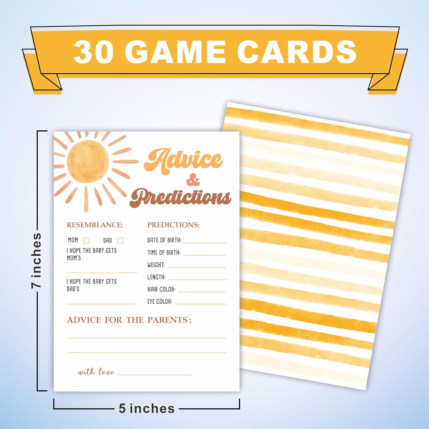 Prediction & Advice Game Set For Baby Shower - Watercolor Sunshine - 30 Double-Sided Fill In Style Game Cards For Gender Reveal, Baby Announcement, Party Favor & Supplies - B01