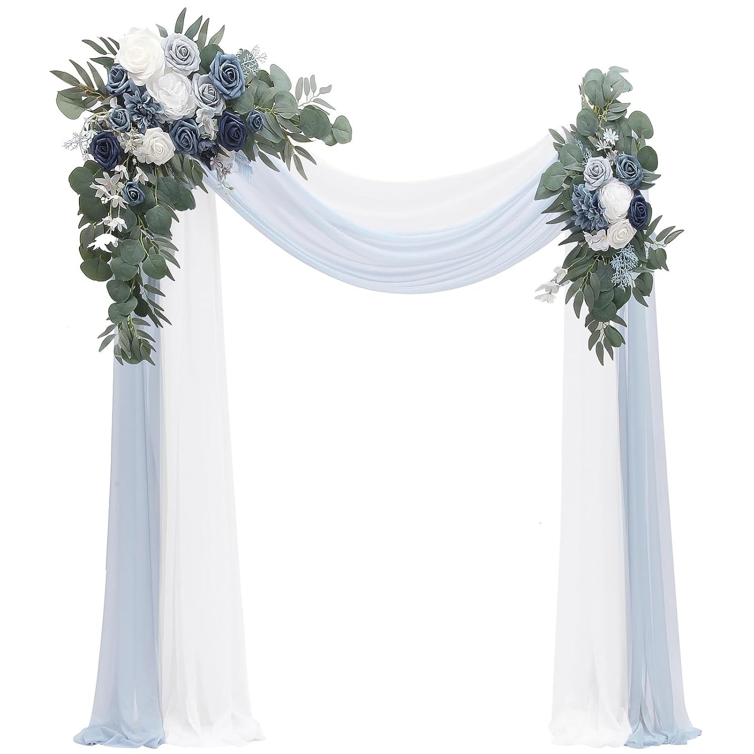 Arch Flowers With Drapes Kit (Pack Of 4) - 2Pcs Artificial Dusty Blue & Navy Blue Floral Swag Arrangement With 2Pcs Draping Fabric For Wedding Ceremony Arbor And Reception Backdrop Decoration