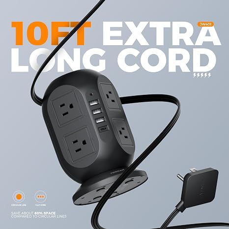 Tower Power Strip with 8 Outlets 4 USB Ports 1 USB C 10FT Flat Extension Cord Surge Protector