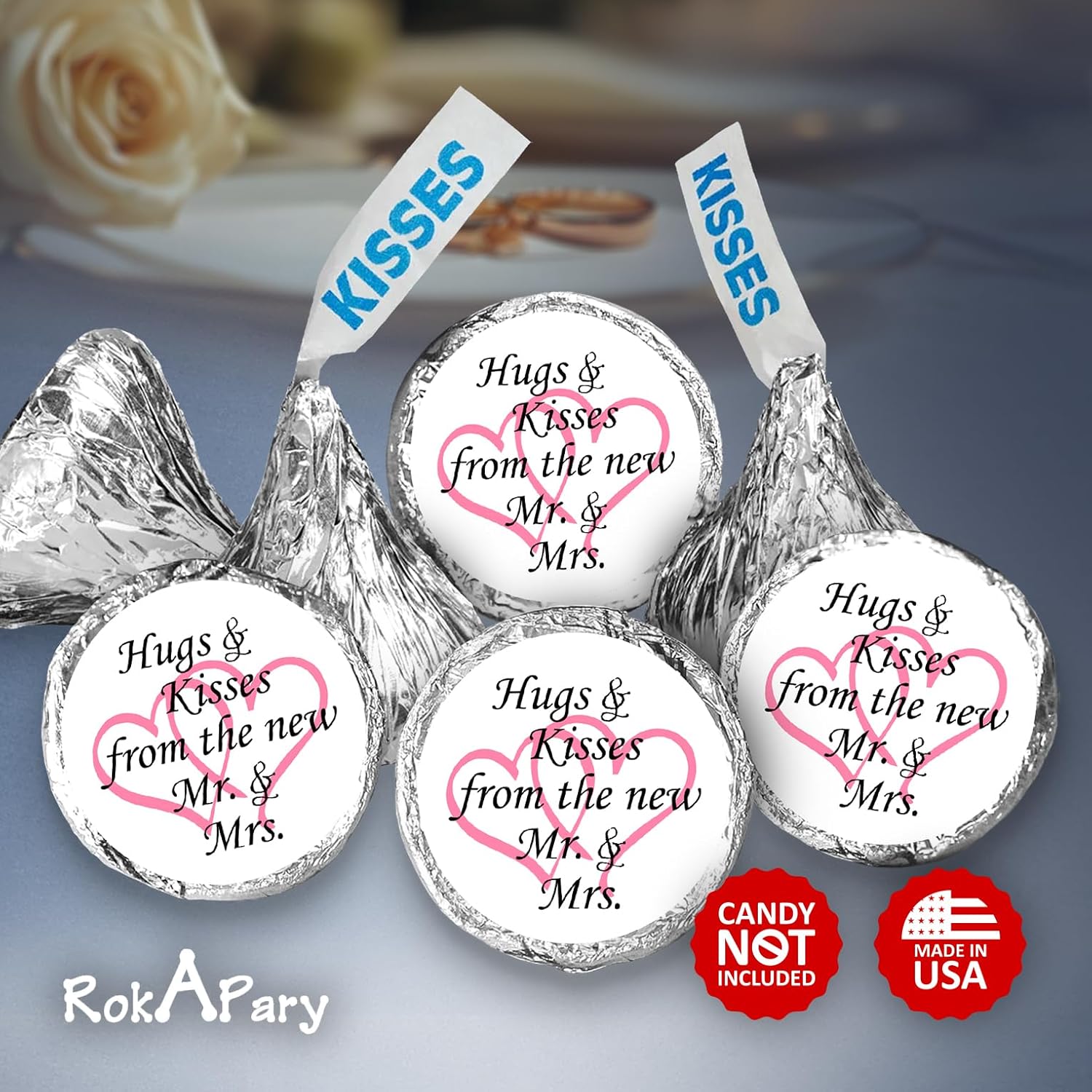 324 Hugs And Kisses From The New Mr. & Mrs. With Interlocking Hearts Wedding Stickers, Chocolate Drops Labels For Bridal Shower Engagement Party Decorations, Favors Decor For Kiss (Pink)