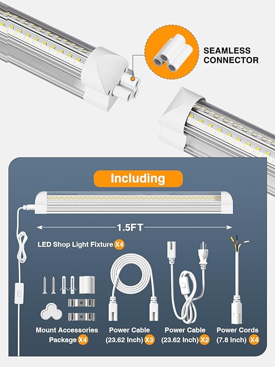 4 Pack LED Shop Lights 25W 3750LM 6500K Plug and Play Linkable T8 Tube Fixtures for Garage Workshop