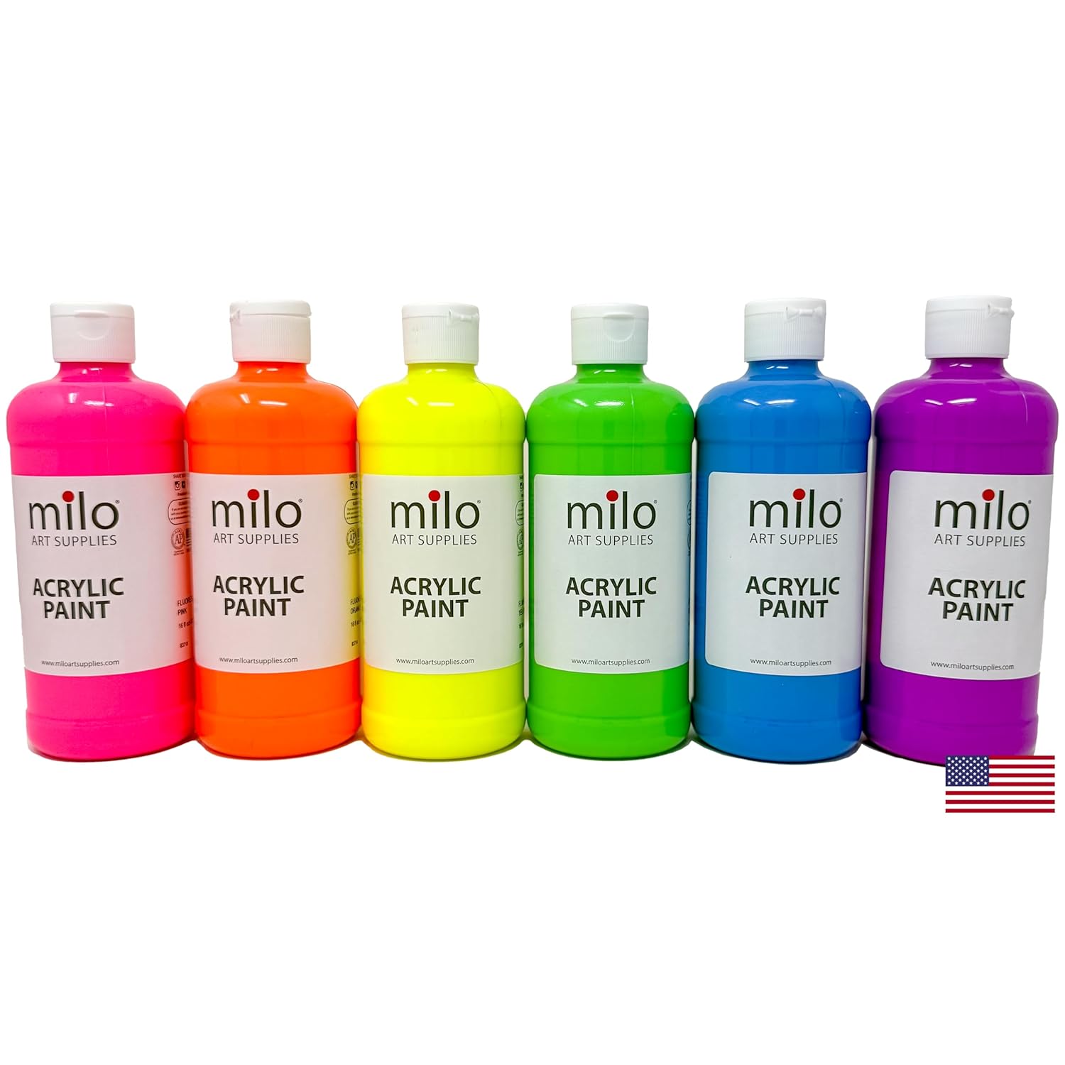 milo Fluorescent Acrylic Paint Set of 6 Colors | 16 oz Bottles | Student Neon Colors Acrylics Painting Pack | Glows UV in Black Light | Non-Toxic Art & Craft Paints for Artists & Hobby Painters | Made in USA