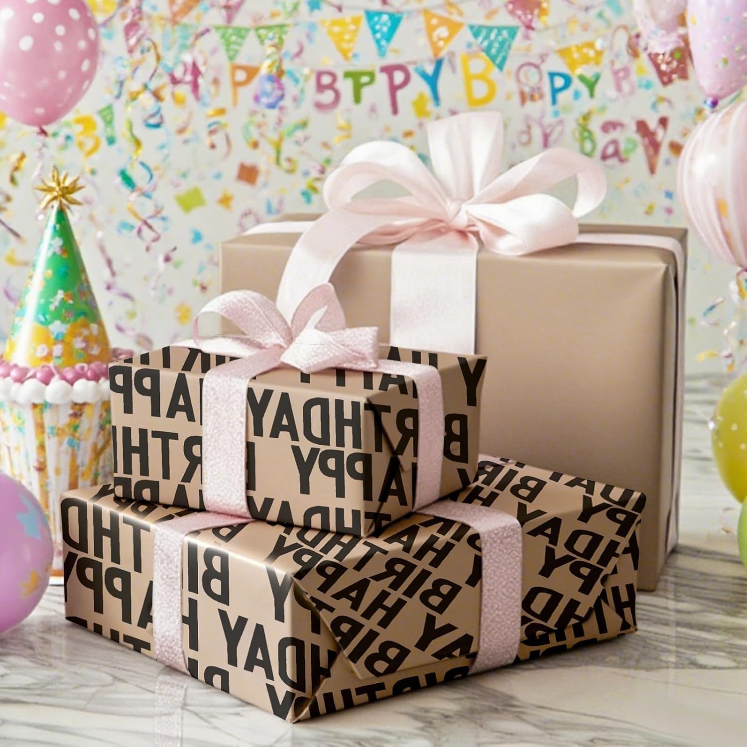 Gift Wrapping Paper Roll - Birthday Kraft Wrapping Paper Vintage Style Paper Perfect For Men Women Brown Kraft Paper With Black Pattern Gift Wrap For Birthday Party- 17 Inch X 120 Inch(10 Feet)