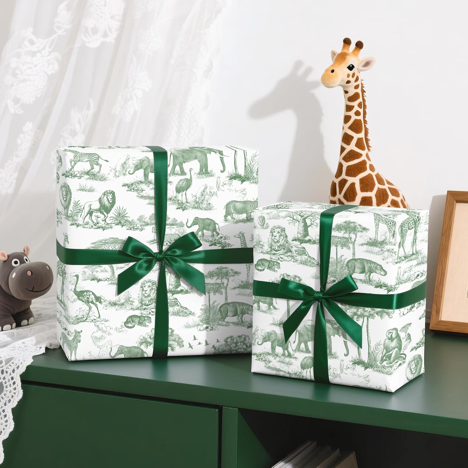 Green Toile Safari Wrapping Paper - Mini Roll - 17 Inch X 16.5 Feet - Green Jungle Animal Baby Shower Wrapping Paper For Kids Birthday, Baby Shower