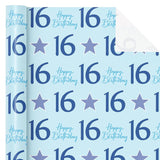 Boy 16Th Birthday Wrapping Paper - Mini Roll - 17 Inch X 16.5 Feet - Teen Boy Blue Stars With 16 Happy Birthday Design Perfect For Party, Holiday